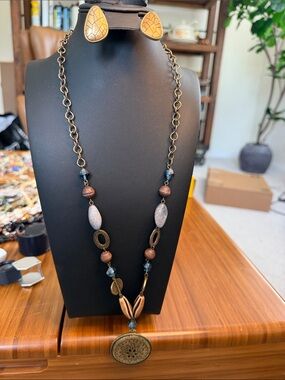 Coldwater Creek Antique Gold-Tone Pendant Necklace with Blue and Brown Beads